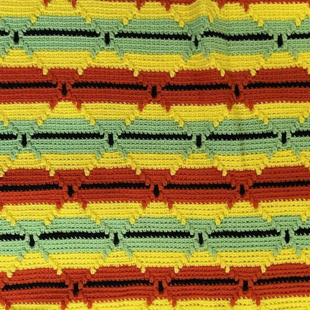 Crochet Throw Afghan Blanket Textured 49.5 x 59 Green Orange Yellow Black MCM